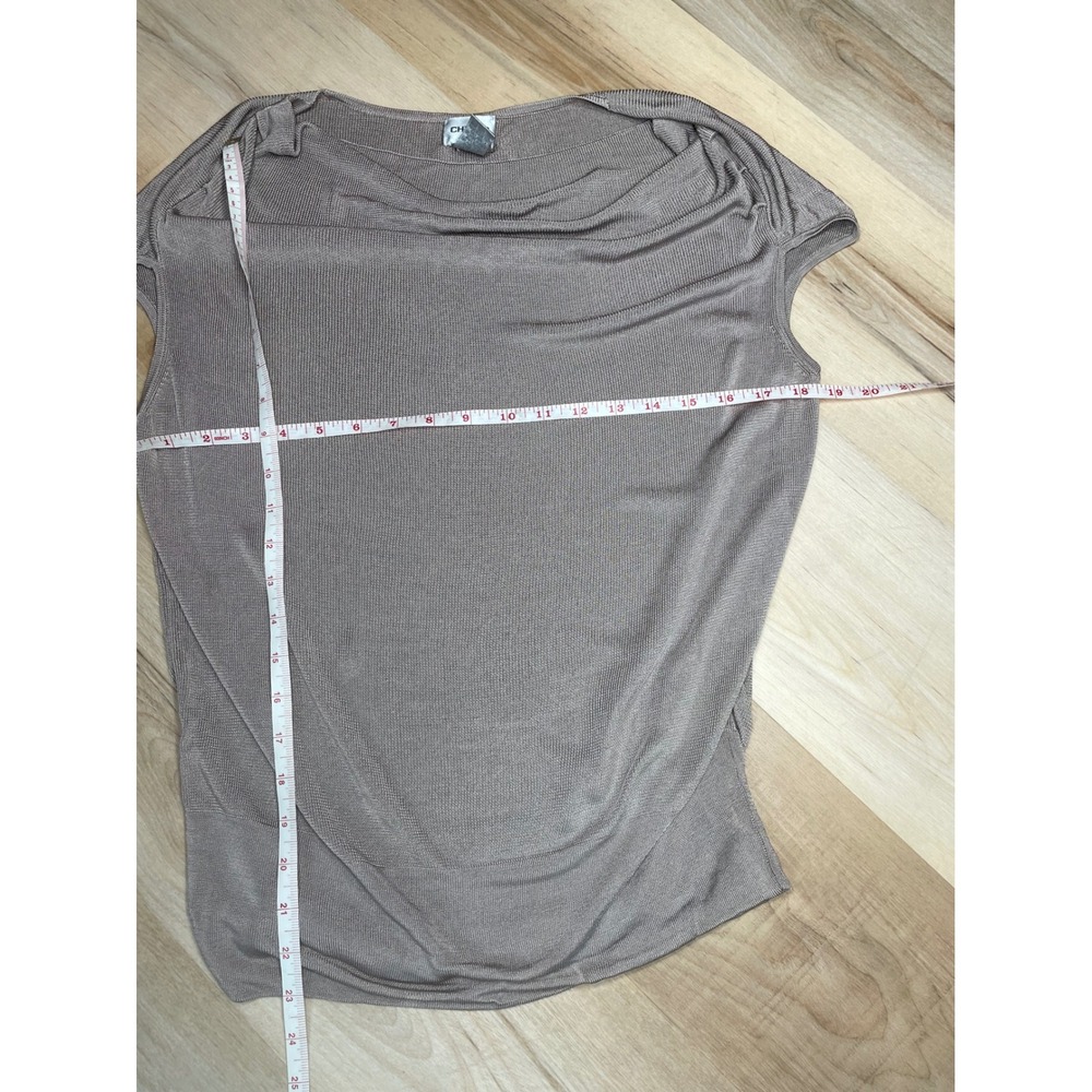 Chico's Size 2 Taupe Metallic Cowl Neck Knit Top Short Sleeve Rayon Blouse - Picture 6 of 9